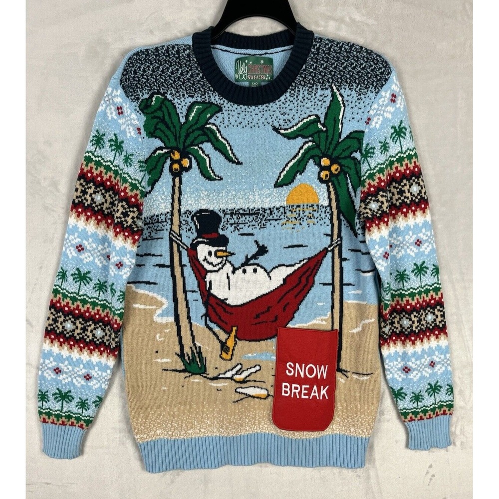 UGLY Christmas Sweater Men XL Multi Crew Neck Snow Break Snowmen Palm Tree Beach
